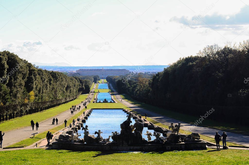 View of the royal palace and cascade of waterfalls in the palace park in Caserta, Italy
