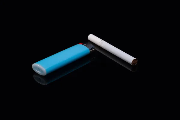 One White Filter Cigarette Plastic Gas Blue Lighter Isolated Black — Stock Photo, Image