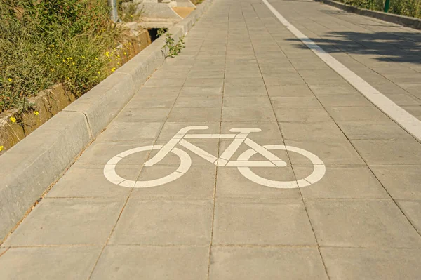 Λευκή Πινακίδα Σιλουέτα Ποδηλάτου Ζωγραφισμένη Στο Μονοπάτι Ποδηλατόδρομο — Φωτογραφία Αρχείου