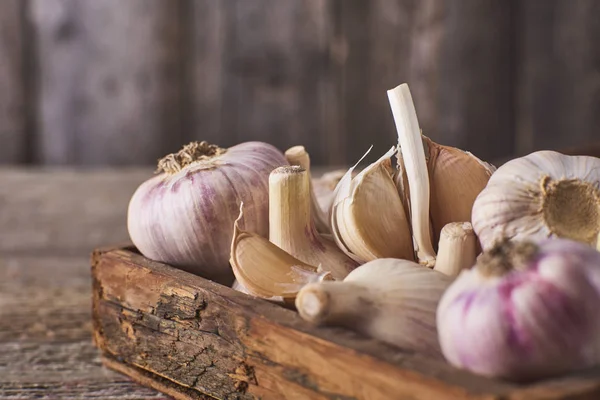 Ahşap kutu taze Çiğ sarımsak ampuller çok yakın çekim görünümünü rustik gri arka plan üzerinde