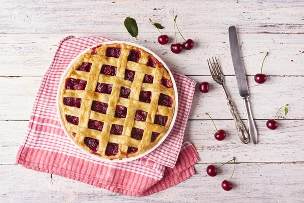 Delicious Homemade Cherry Pie Flaky Crust Rustic Wooden White Background — Stock Photo, Image