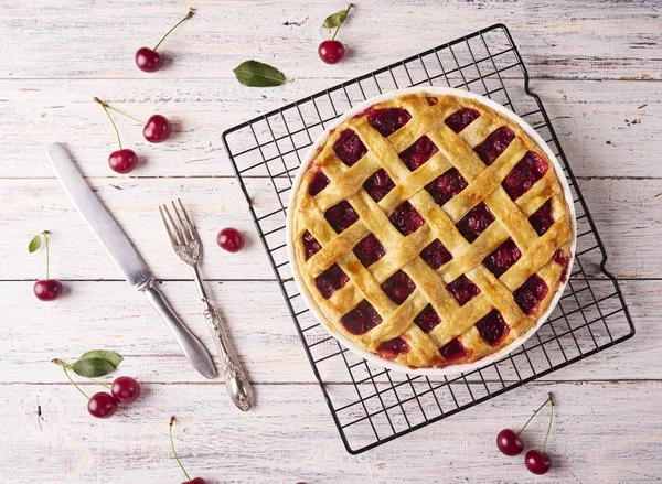 Delicious Homemade Cherry Pie Flaky Crust Rustic Wooden White Background — Stock Photo, Image