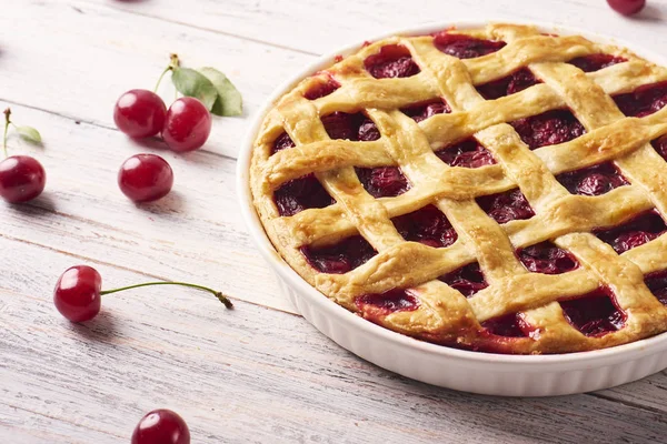 Delicious Homemade Cherry Pie Flaky Crust Rustic Wooden White Background — Stock Photo, Image