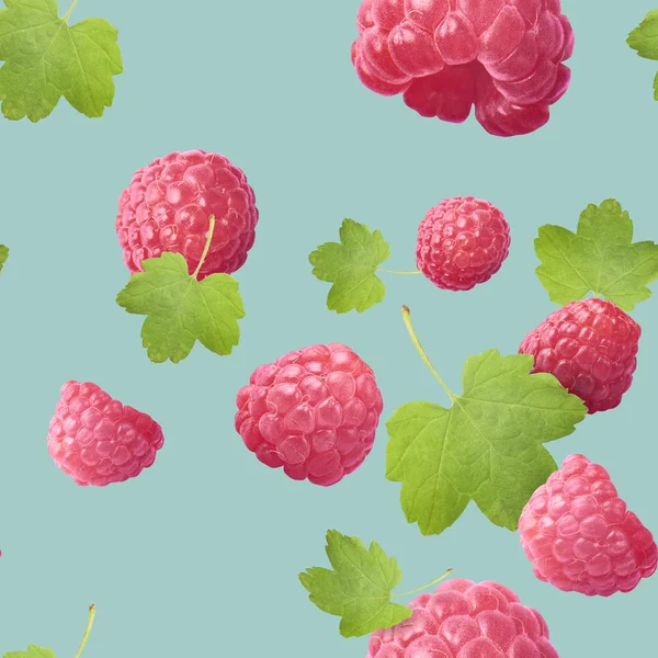 Fresh Raspberry Leaf Turquoise Background Seamless Color Pattern — Stock Photo, Image