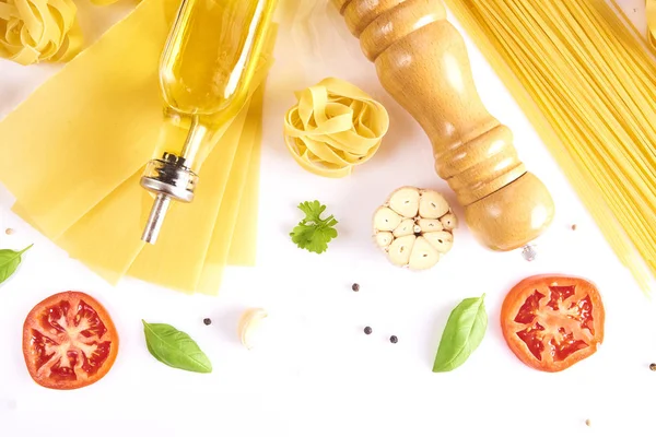 Food Drink Concept Various Uncooked Pasta Ingredients Cooking White Background — Stock Photo, Image