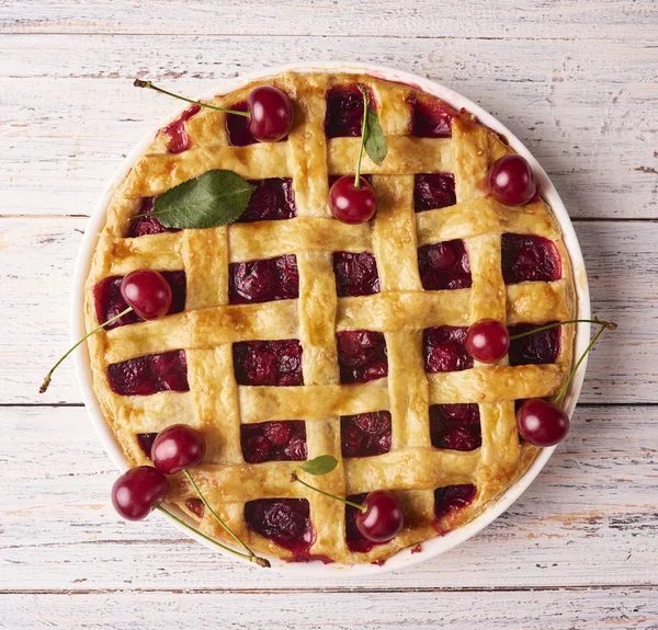 Close View Delicious Homemade Cherry Pie Flaky Crust Rustic Wooden — Stock Photo, Image