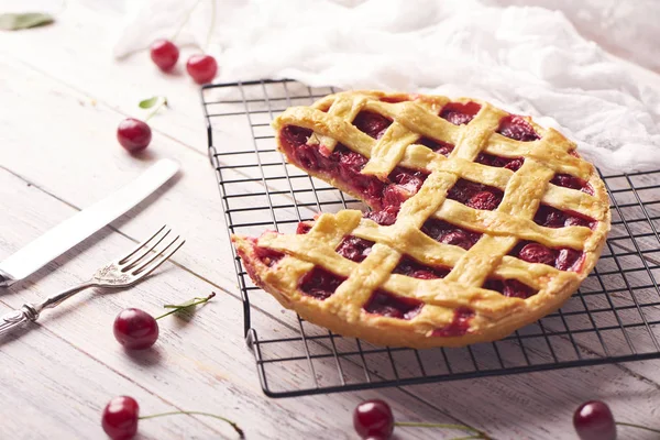 Piece Delicious Homemade Cherry Pie Flaky Crust Rustic Wooden White — Stock Photo, Image