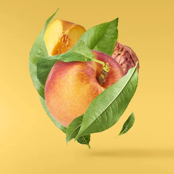 Flying fresh ripe peach with green leaves isolated on yellow background. Concept of food levitation, high resolution image