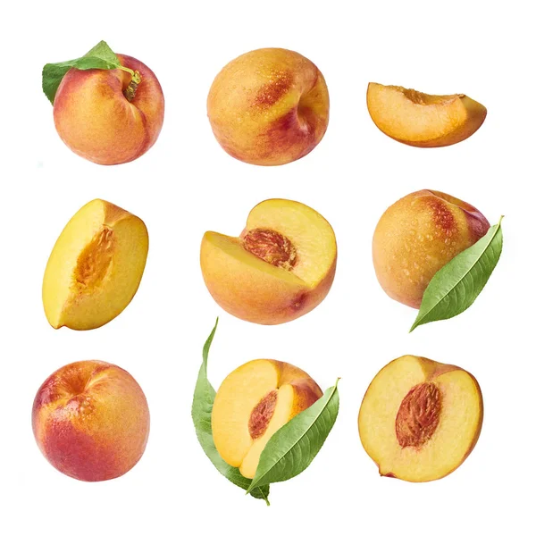 異なる新鮮な熟した桃と葉 高解像度画像を設定します — ストック写真