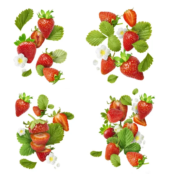 Collection with Flying Fresh tasty ripe strawberry with green leaves isolated on white background.  Food levitation concept. Creative food layout, High resolution image