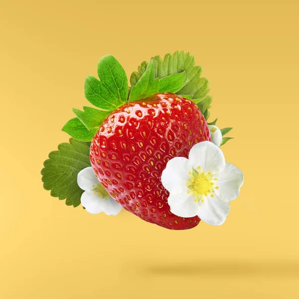 Flying Fresh tasty ripe strawberry with green leaves at yellow background.  Food levitation concept. Creative food layout, High resolution image