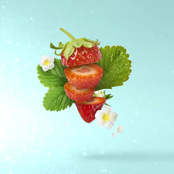 Flying Fresh tasty ripe strawberry with green leaves at light blue background.  Food levitation concept. Creative food layout, High resolution image
