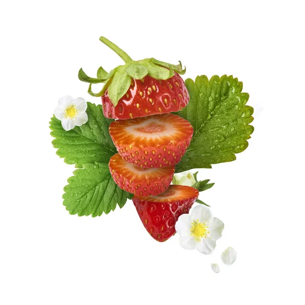 Flying Fresh tasty ripe strawberry with green leaves isolated on white background.  Food levitation concept. Creative food layout, High resolution image