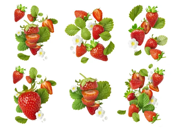 Collection with Flying Fresh tasty ripe strawberry with green leaves isolated on white background.  Food levitation concept. Creative food layout, High resolution image