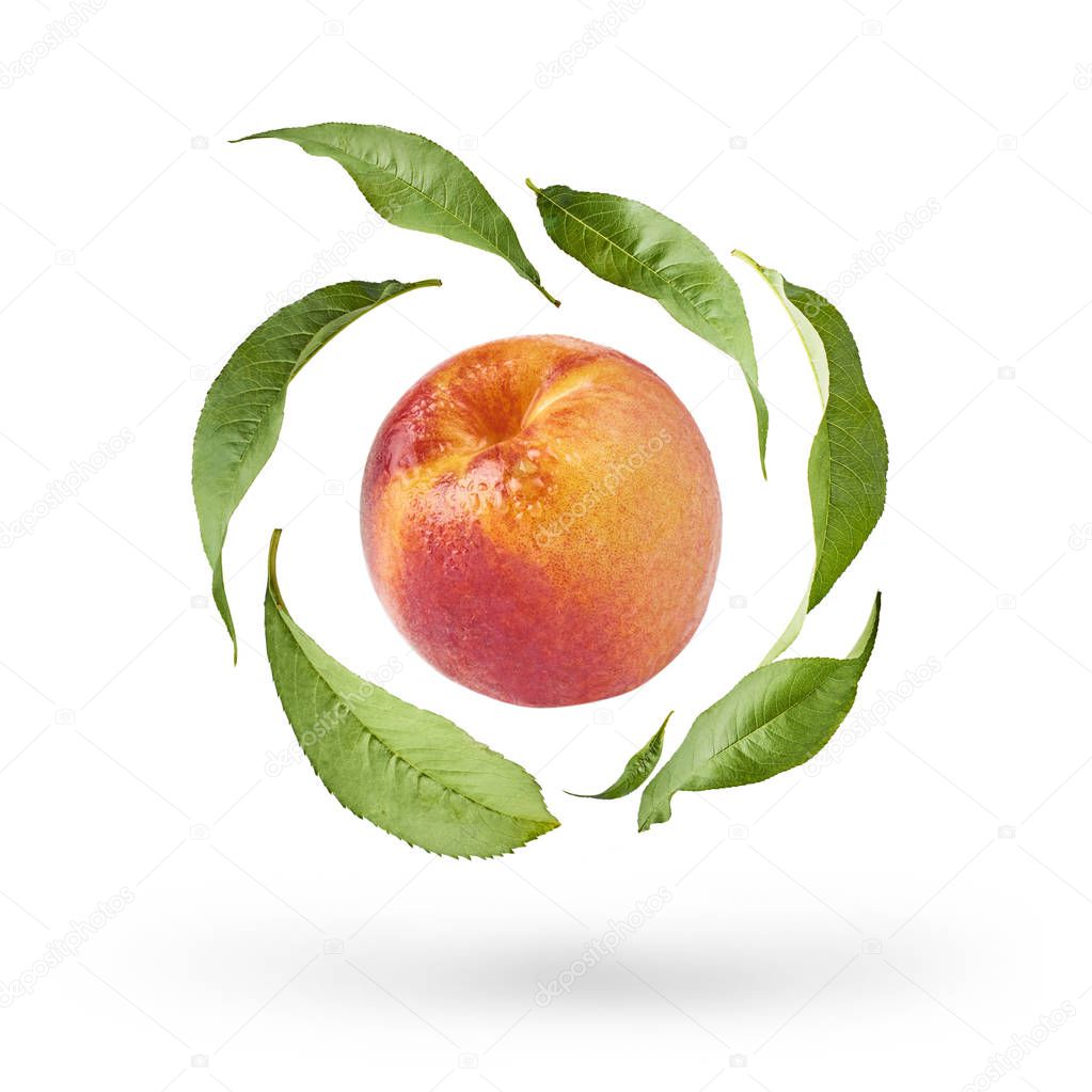 Flying fresh ripe peach with green leaves isolated on white background. Concept of food levitation, high resolution image
