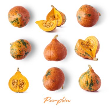 Beyaz arka plan üzerinde izole Turuncu kabak farklı tipleri ile koleksiyonu 