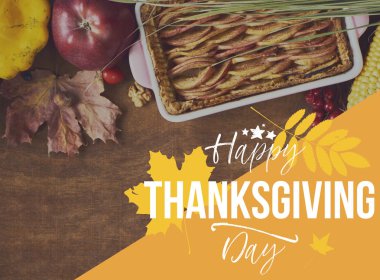 Şükran günü arka plan ile sonbahar meyve ve su kabakları bir rustik ahşap tablo