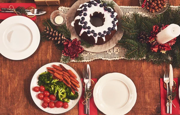 Vista Ángulo Alto Mesa Servida Para Cena Familiar Navidad — Foto de Stock