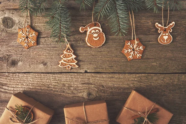 Gingerbread Cookies Hanging Wooden Background — Stock Photo, Image