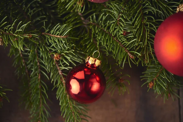 Weihnachten Hintergrund Mit Tanne Und Dekoration Nahaufnahme Ansicht — Stockfoto