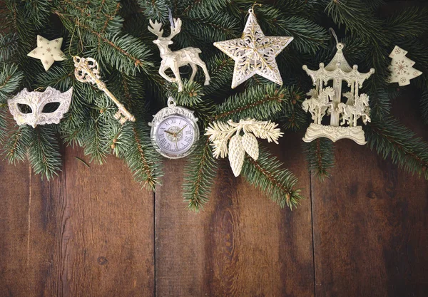 Fundo Natal Com Abeto Decoração Placa Madeira Escura — Fotografia de Stock