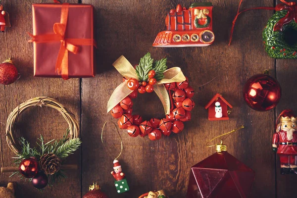 Fond Noël Ensemble Avec Beaucoup Différentes Boules Rouges Jouets Vintage — Photo