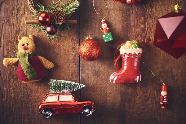 Noel Arka Plan Farklı Kırmızı Baubles Vintage Oyuncak Bir Sürü — Stok fotoğraf