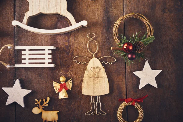 Fondo Navidad Set Con Montón Diferentes Bolas Madera Juguetes Sobre — Foto de Stock