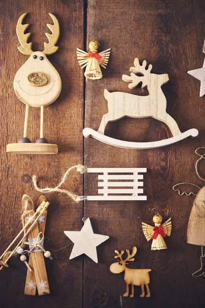 Fondo Navidad Set Con Montón Diferentes Bolas Madera Juguetes Sobre —  Fotos de Stock