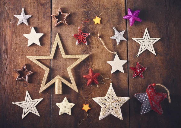 Fondo Navidad Set Con Montón Diferentes Estrellas Colores Sobre Tablero —  Fotos de Stock