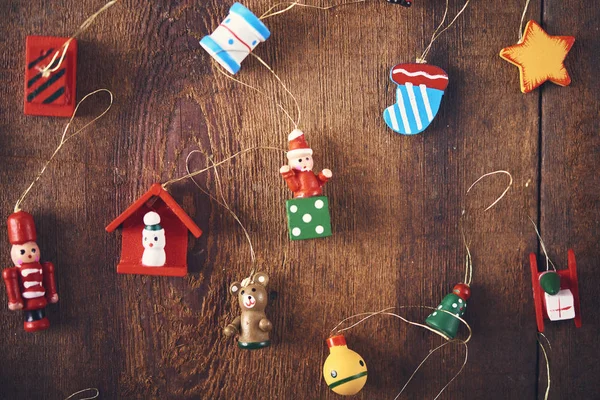 Christmas Background Set Lot Different Colorful Tiny Toys Dark Wooden — Stock Photo, Image