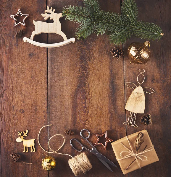 Karácsonyi Háttér Keret Tett Egy Csomó Baubles Játékok Díszek Karácsonyi — Stock Fotó