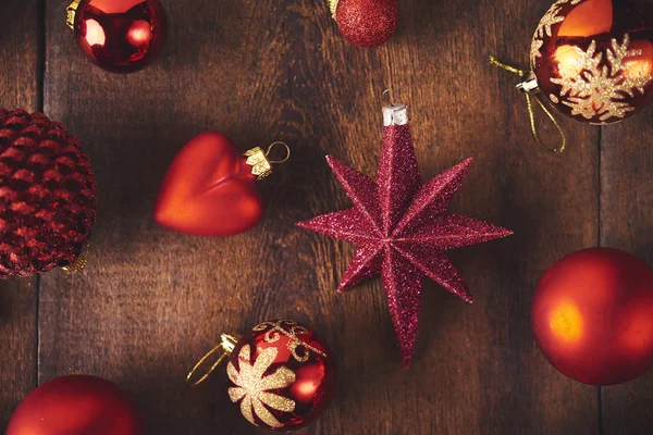 Fondo Navidad Set Con Montón Diferentes Bolas Rojas Juguetes Vintage —  Fotos de Stock