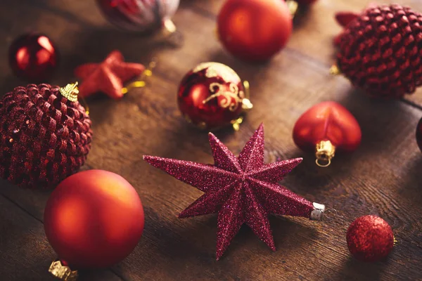 Fondo Navidad Set Con Montón Diferentes Bolas Rojas Juguetes Vintage —  Fotos de Stock