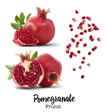 Yaprak ve tohum iolated ile farklı taze olgun nar ile beyaz arka plan üzerinde ayarlayın. Yüksek çözünürlüklü görüntü