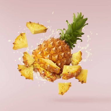 Havada uçan taze olgun bütün ve dilim ile bebek Ananas kesilmiş
