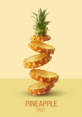 Havada uçan taze olgun bütün ve dilim ile bebek Ananas kesilmiş