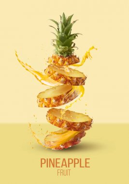 Havada uçan taze olgun bütün ve dilim ile bebek Ananas kesilmiş