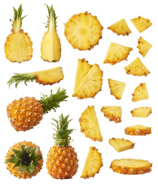 Taze olgun bütün ve dilimler ve yaprakları ile bebek Ananas kesilmiş 