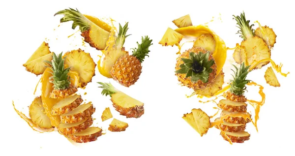 Havada uçan taze olgun bütün ve dilim ile bebek Ananas kesilmiş