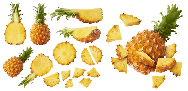 Fresh ripe whole and cut baby Pineapple with slices and leaves — Stock Photo, Image