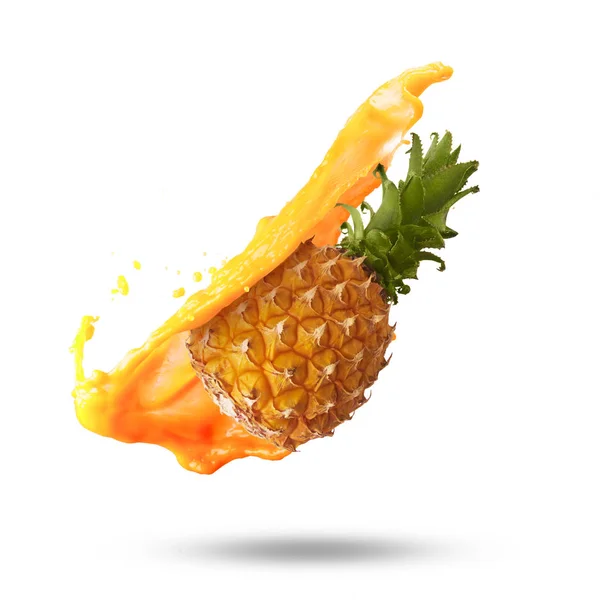 Flying in air fresh ripe whole and cut baby Pineapple with slice — Stock Photo, Image