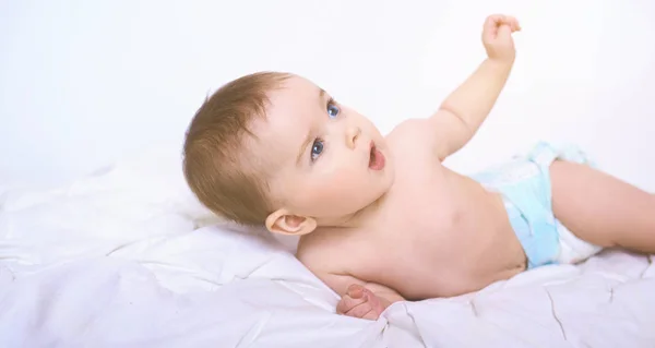 Portrait Smiling Crawling Baby Bed Her Room — Stock Photo, Image