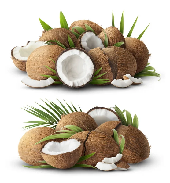 Ensemble avec noix de coco crue fraîche avec des feuilles de palmier isolées sur ba blanc — Photo