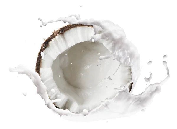 Cracked coconut with  splashes isolated on white backround — Stock Photo, Image