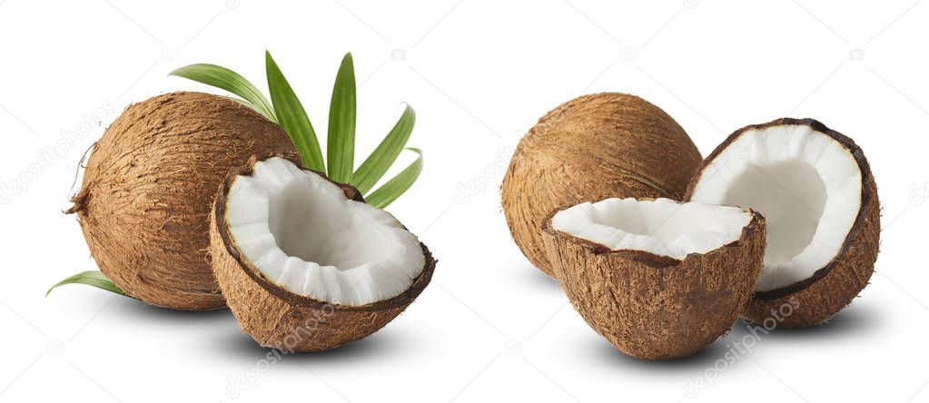 Set with Fresh raw coconut with palm leaves isolated on white ba
