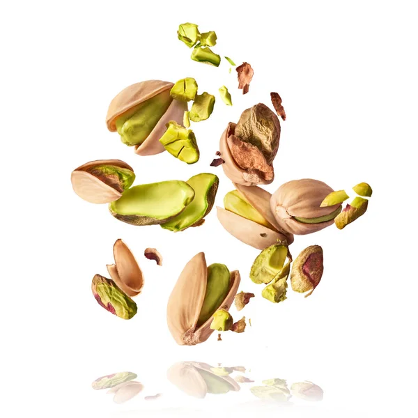 Flying Air Fresh Raw Whole Cracked Pistachios Isolated White Background — Stock Photo, Image