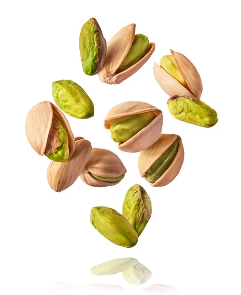 Flying Air Fresh Raw Whole Cracked Pistachios Isolated White Background — Stock Photo, Image