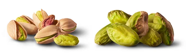 Set Con Pistacchi Freschi Crudi Isolati Fondo Bianco Alta Risoluzione — Foto Stock