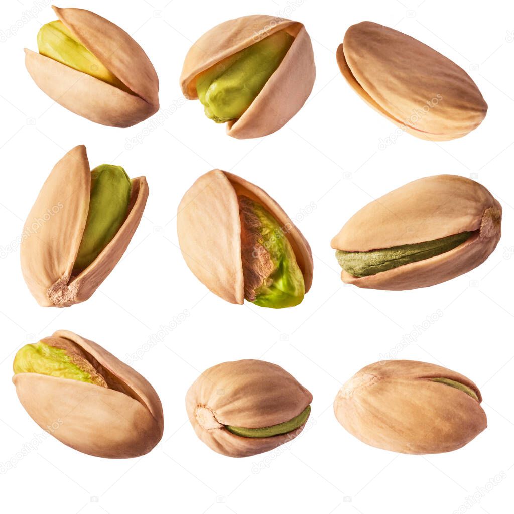 A set with Fresh raw Pistachios isolated on white background.